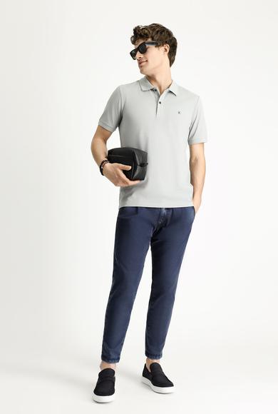 Erkek Giyim - ORTA GRİ S Beden Polo Yaka Slim Fit Dar Kesim Nakışlı Pamuk Tişört