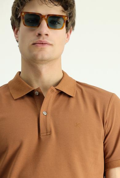 Erkek Giyim - AÇIK KAHVE 3X Beden Polo Yaka Slim Fit Dar Kesim Nakışlı Pamuk Tişört