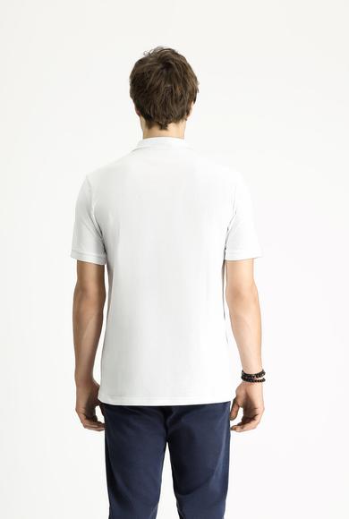 Erkek Giyim - BEYAZ XL Beden Polo Yaka Slim Fit Dar Kesim Nakışlı Pamuk Tişört