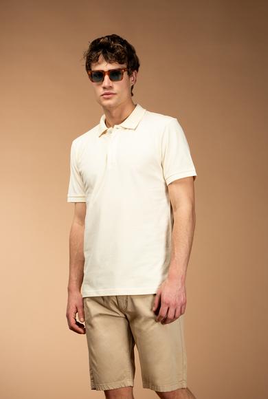 Erkek Giyim - KREM 3X Beden Polo Yaka Slim Fit Dar Kesim Nakışlı Pamuk Tişört