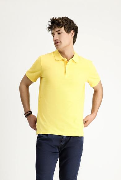 Erkek Giyim - AÇIK SARI 3X Beden Polo Yaka Slim Fit Dar Kesim Nakışlı Pamuk Tişört