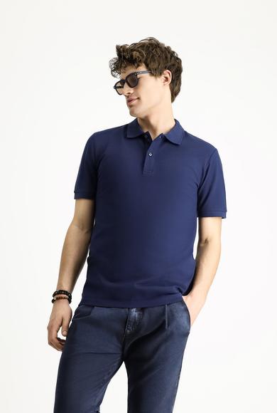 Erkek Giyim - ORTA LACİVERT XL Beden Polo Yaka Slim Fit Dar Kesim Nakışlı Pamuk Tişört