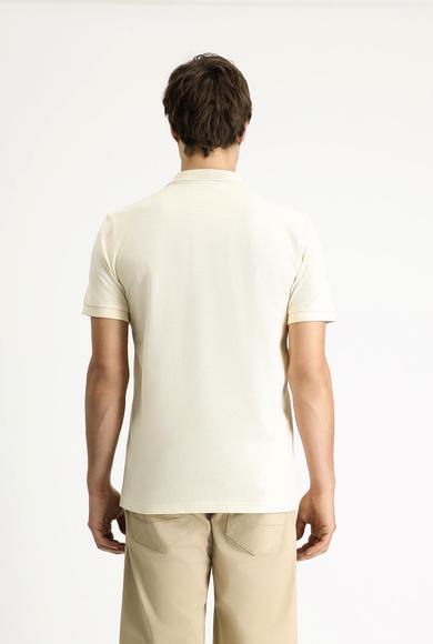 Erkek Giyim - KREM 3X Beden Polo Yaka Slim Fit Dar Kesim Nakışlı Pamuk Tişört