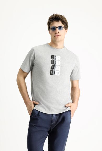 Erkek Giyim - ORTA GRİ 6X Beden Bisiklet Yaka Regular Fit Baskılı Pamuklu Tişört