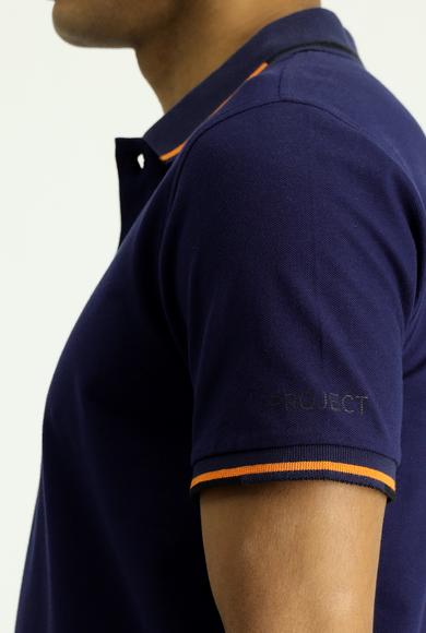 Erkek Giyim - KOYU LACİVERT L Beden Polo Yaka Slim Fit Dar Kesim Desenli Pamuk Tişört