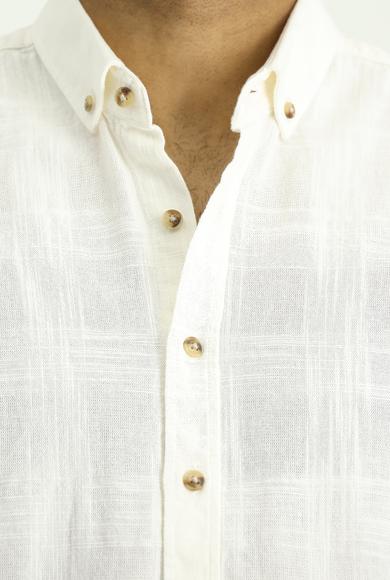 Erkek Giyim - EKRU XL Beden Uzun Kol Slim Fit Dar Kesim Desenli Spor Pamuk Gömlek