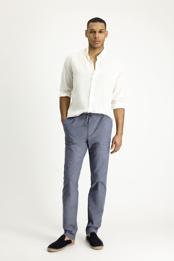 Erkek Giyim - Slim Fit Dar Kesim Beli Lastikli İpli Desenli Likralı Pantolon