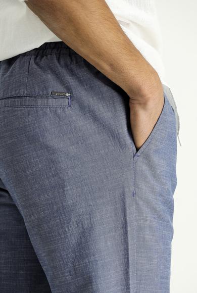 Erkek Giyim - KOYU HAVACI 52 Beden Slim Fit Dar Kesim Beli Lastikli İpli Desenli Likralı Pantolon