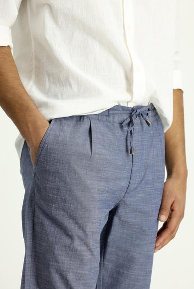 Erkek Giyim - KOYU HAVACI 52 Beden Slim Fit Dar Kesim Beli Lastikli İpli Desenli Likralı Pantolon
