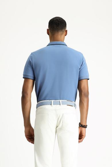 Erkek Giyim - HAVACI MAVİ M Beden Polo Yaka Slim Fit Dar Kesim Desenli Nakışlı Pamuk Tişört