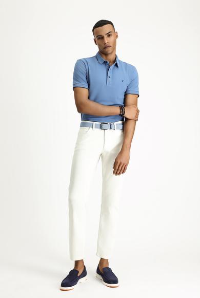 Erkek Giyim - HAVACI MAVİ M Beden Polo Yaka Slim Fit Dar Kesim Desenli Nakışlı Pamuk Tişört
