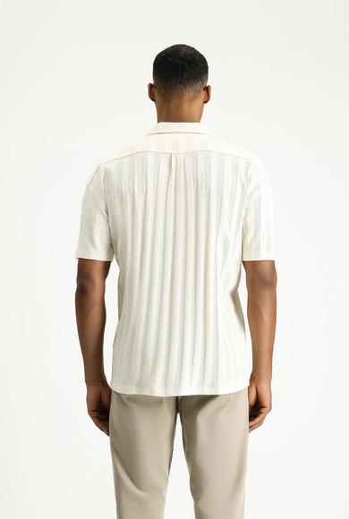 Erkek Giyim - EKRU L Beden Polo Yaka Oversize Desenli Pamuk Tişört