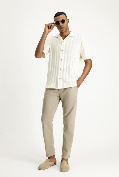 Erkek Giyim - EKRU L Beden Polo Yaka Oversize Desenli Pamuk Tişört