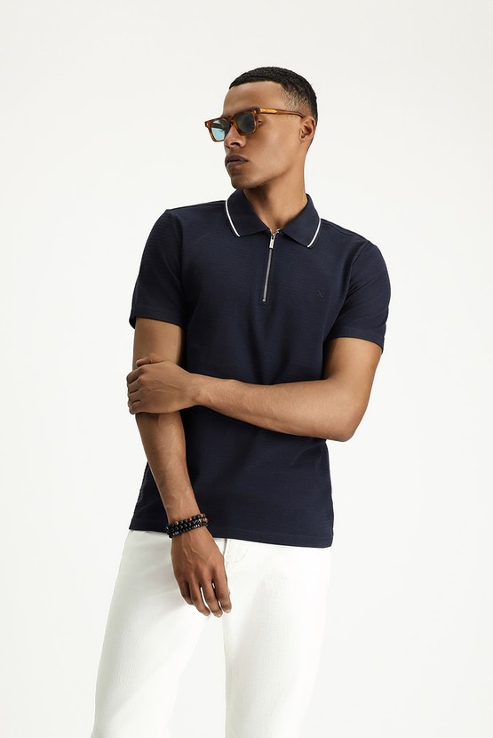 Erkek Giyim - Polo Yaka Slim Fit Dar Kesim Fermuarlı Pamuk Tişört