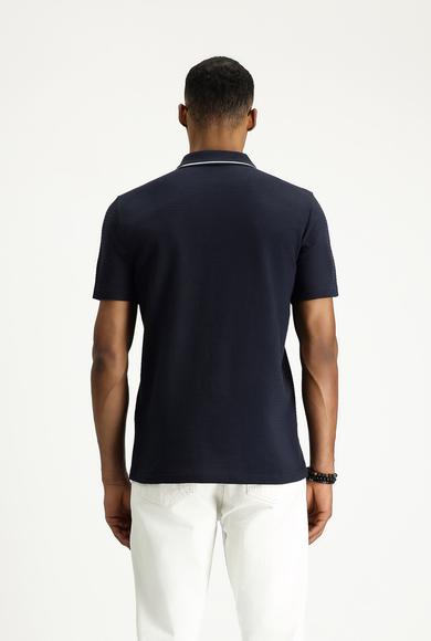 Erkek Giyim - KOYU LACİVERT XL Beden Polo Yaka Slim Fit Dar Kesim Fermuarlı Pamuk Tişört