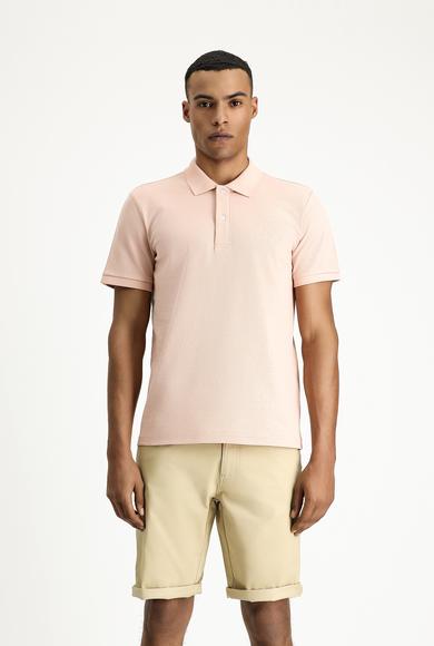 Erkek Giyim - TOZ PEMBE XL Beden Polo Yaka Slim Fit Dar Kesim Nakışlı Pamuk Tişört
