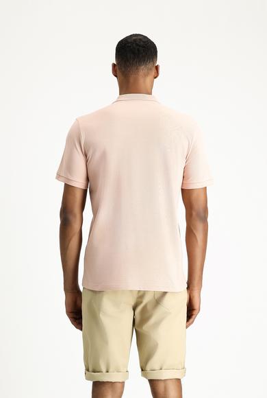 Erkek Giyim - TOZ PEMBE XL Beden Polo Yaka Slim Fit Dar Kesim Nakışlı Pamuk Tişört