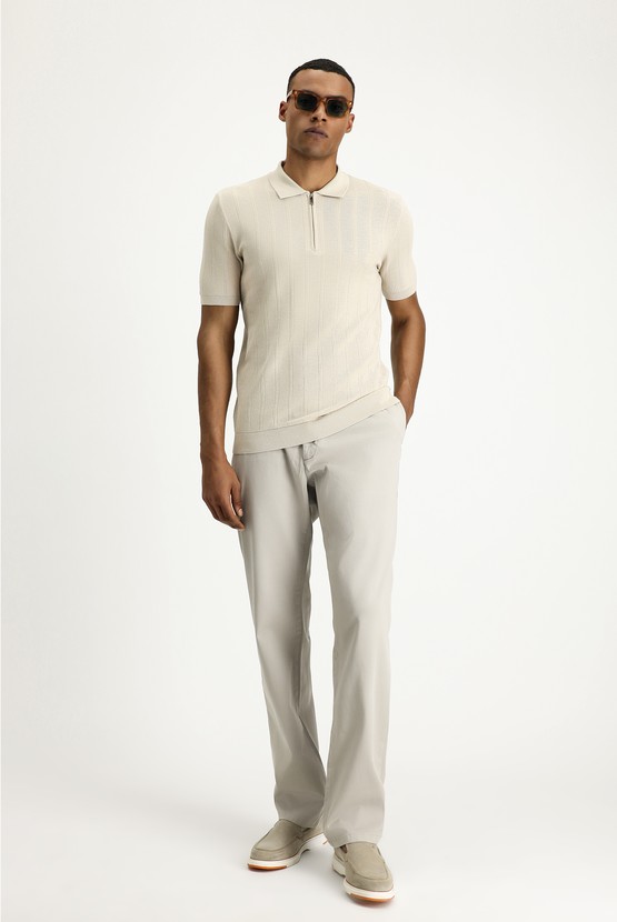 Erkek Giyim - Polo Yaka Regular Fit Fermuarlı Desenli Pamuklu Tişört