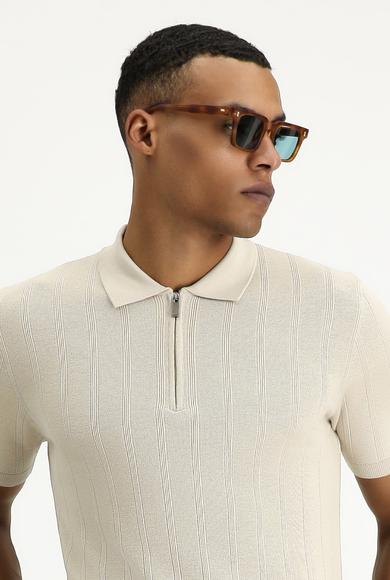 Erkek Giyim - AÇIK BEJ M Beden Polo Yaka Regular Fit Fermuarlı Desenli Pamuklu Tişört