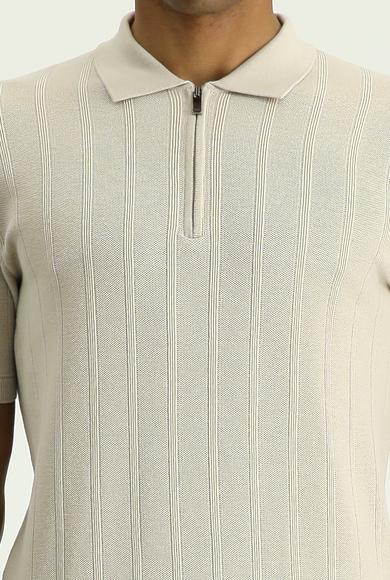 Erkek Giyim - AÇIK BEJ M Beden Polo Yaka Regular Fit Fermuarlı Desenli Pamuklu Tişört