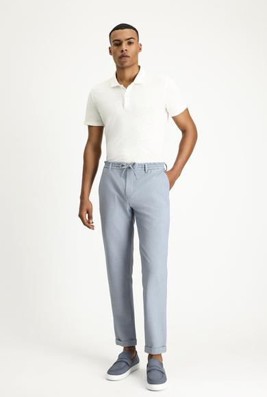 Erkek Giyim - AÇIK MAVİ 48 Beden Super Slim Fit Ekstra Dar Kesim Beli Lastikli İpli Gofre Likralı Klasik Kumaş Pantolon