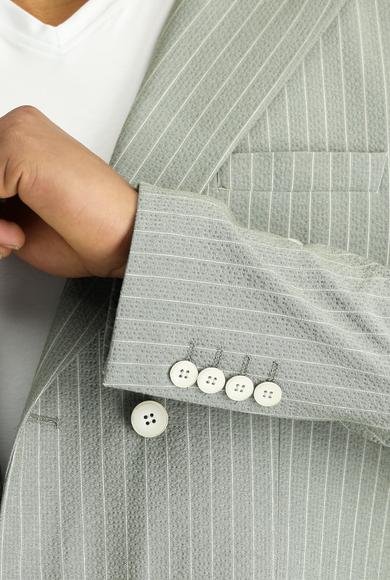 Erkek Giyim - KÜF YEŞİLİ 50 Beden Slim Fit Dar Kesim Çizgili Kruvaze Ceket