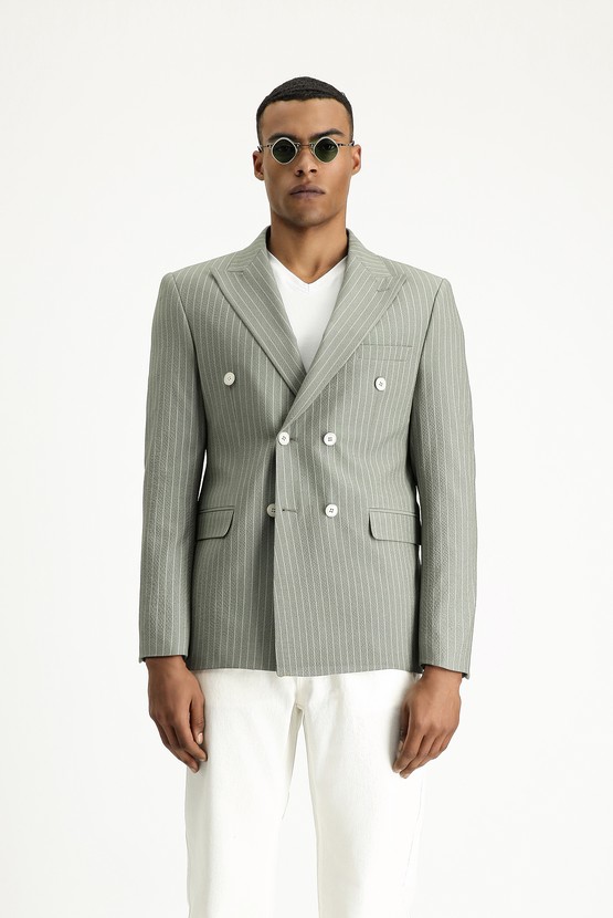 Erkek Giyim - Slim Fit Dar Kesim Çizgili Kruvaze Ceket