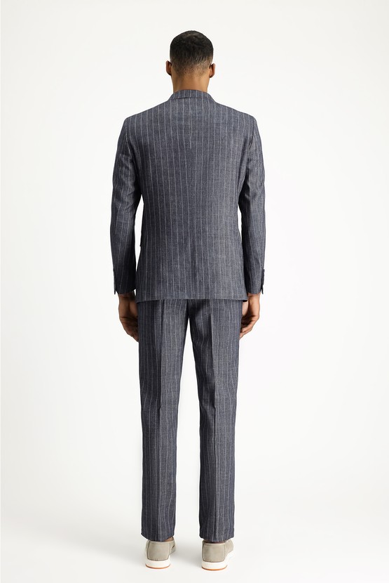 Erkek Giyim - Regular Fit Kruvaze Çizgili Keten Takım Elbise