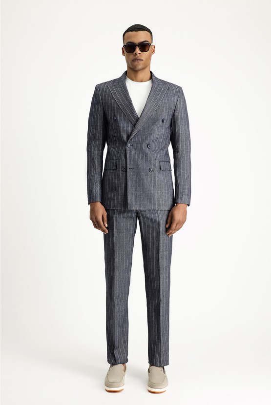 Erkek Giyim - Regular Fit Kruvaze Çizgili Keten Takım Elbise