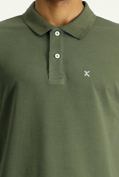 Erkek Giyim - ORTA HAKİ XXL Beden Polo Yaka Slim Fit Dar Kesim Nakışlı Pamuk Tişört