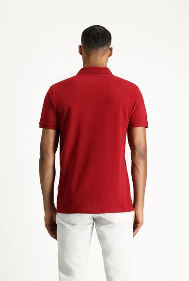 Erkek Giyim - KOYU KIRMIZI XL Beden Polo Yaka Slim Fit Dar Kesim Nakışlı Pamuk Tişört