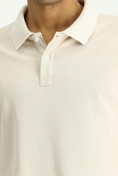 Erkek Giyim - ORTA BEJ M Beden Polo Yaka Slim Fit Dar Kesim Nakışlı Pamuk Tişört