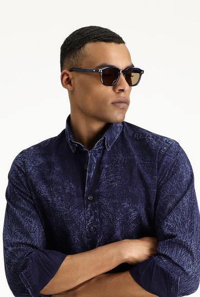 Erkek Giyim - İNDİGO 4X Beden Uzun Kol Regular Fit Desenli Denim Pamuk Gömlek