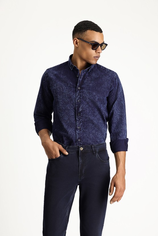 Erkek Giyim - Uzun Kol Regular Fit Desenli Denim Pamuk Gömlek