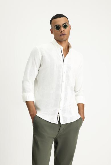 Erkek Giyim - EKRU XL Beden Uzun Kol Slim Fit Dar Kesim Desenli Spor Pamuk Gömlek
