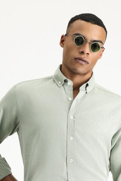 Erkek Giyim - KOYU YEŞİL XXL Beden Uzun Kol Regular Fit Oxford Pamuk Gömlek