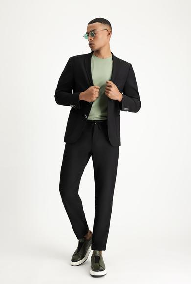 Erkek Giyim - SİYAH 58 Beden Super Slim Fit Ekstra Dar Kesim Beli Lastikli İpli Gofre Likralı Klasik Kumaş Pantolon