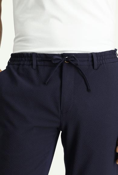 Erkek Giyim - KOYU LACİVERT 50 Beden Super Slim Fit Ekstra Dar Kesim Beli Lastikli İpli Gofre Likralı Klasik Kumaş Pantolon