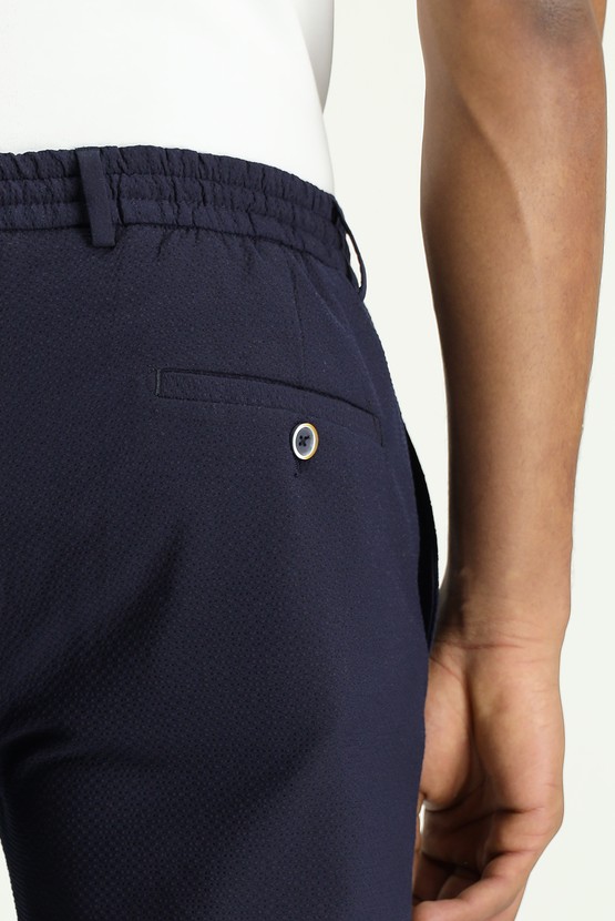 Erkek Giyim - Super Slim Fit Ekstra Dar Kesim Beli Lastikli İpli Gofre Likralı Klasik Kumaş Pantolon