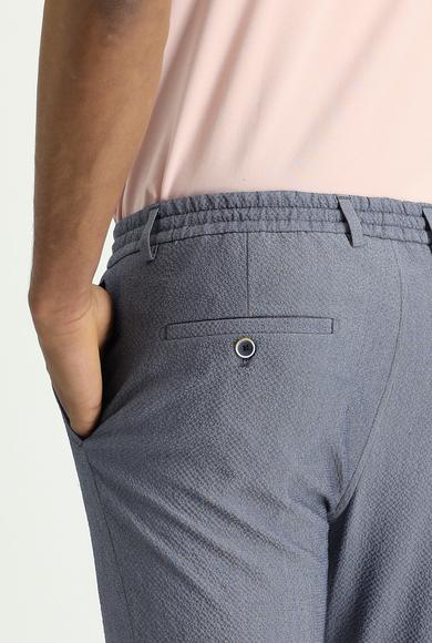 Erkek Giyim - HAVACI MAVİ 54 Beden Super Slim Fit Ekstra Dar Kesim Beli Lastikli İpli Gofre Likralı Klasik Kumaş Pantolon