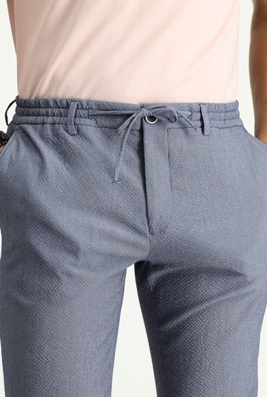 Erkek Giyim - HAVACI MAVİ 54 Beden Super Slim Fit Ekstra Dar Kesim Beli Lastikli İpli Gofre Likralı Klasik Kumaş Pantolon