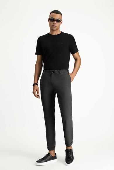 Erkek Giyim - ORTA ANTRASİT 54 Beden Super Slim Fit Ekstra Dar Kesim Beli Lastikli İpli Gofre Likralı Klasik Kumaş Pantolon