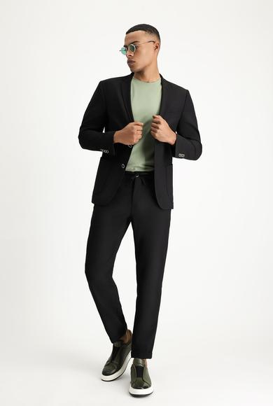 Erkek Giyim - ORTA ANTRASİT 54 Beden Super Slim Fit Ekstra Dar Kesim Beli Lastikli İpli Gofre Likralı Klasik Kumaş Pantolon