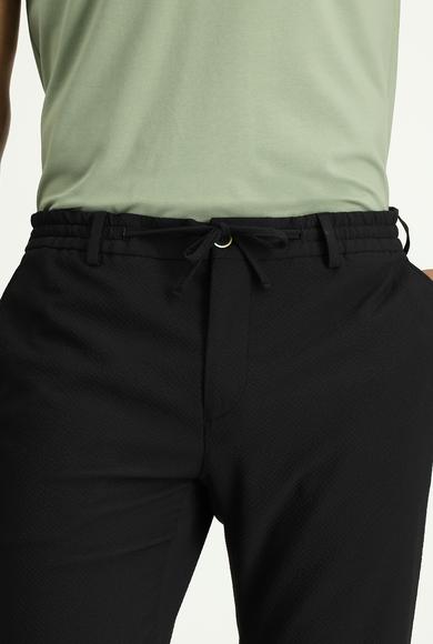 Erkek Giyim - SİYAH 58 Beden Super Slim Fit Ekstra Dar Kesim Beli Lastikli İpli Gofre Likralı Klasik Kumaş Pantolon