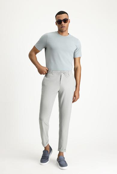 Erkek Giyim - AÇIK GRİ 58 Beden Super Slim Fit Ekstra Dar Kesim Beli Lastikli İpli Gofre Likralı Klasik Kumaş Pantolon