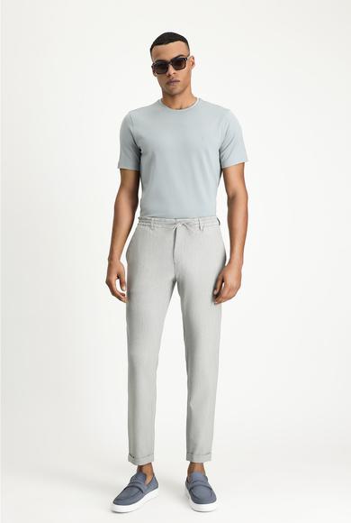 Erkek Giyim - AÇIK GRİ 58 Beden Super Slim Fit Ekstra Dar Kesim Beli Lastikli İpli Gofre Likralı Klasik Kumaş Pantolon