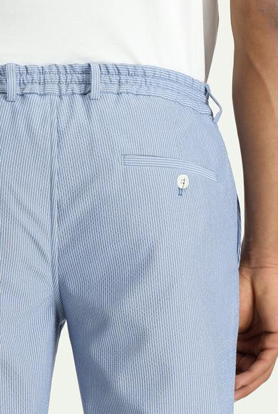Erkek Giyim - MAVİ 58 Beden Beli Lastikli İpli Desenli Gofre Likralı Klasik Kumaş Pantolon