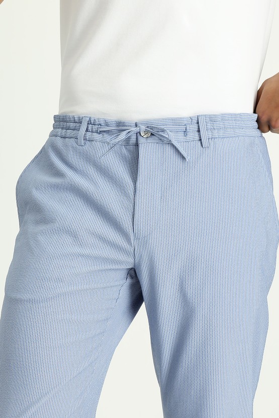Erkek Giyim - Beli Lastikli İpli Desenli Gofre Likralı Klasik Kumaş Pantolon