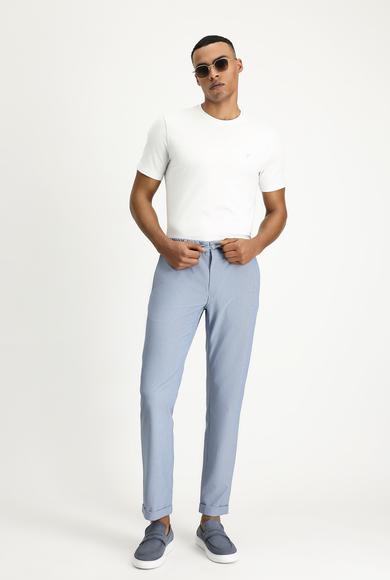 Erkek Giyim - MAVİ 58 Beden Beli Lastikli İpli Desenli Gofre Likralı Klasik Kumaş Pantolon