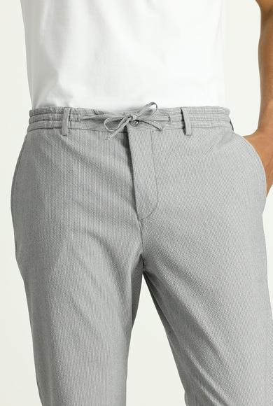 Erkek Giyim - ORTA GRİ 62 Beden Beli Lastikli İpli Desenli Gofre Likralı Klasik Kumaş Pantolon